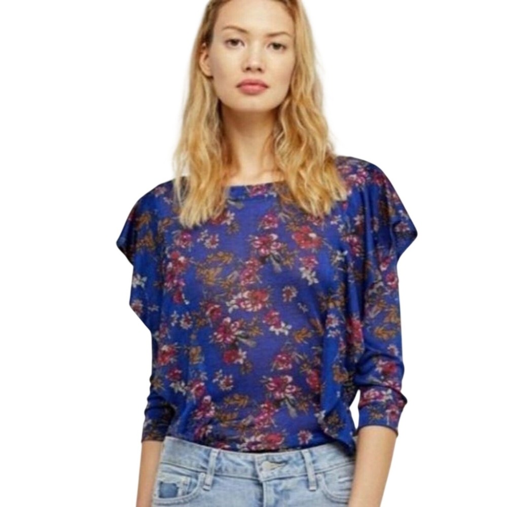 Free People Top‎ Women S Blue Floral Excellent Ruffle Dolman Sleeve Keyhole Back